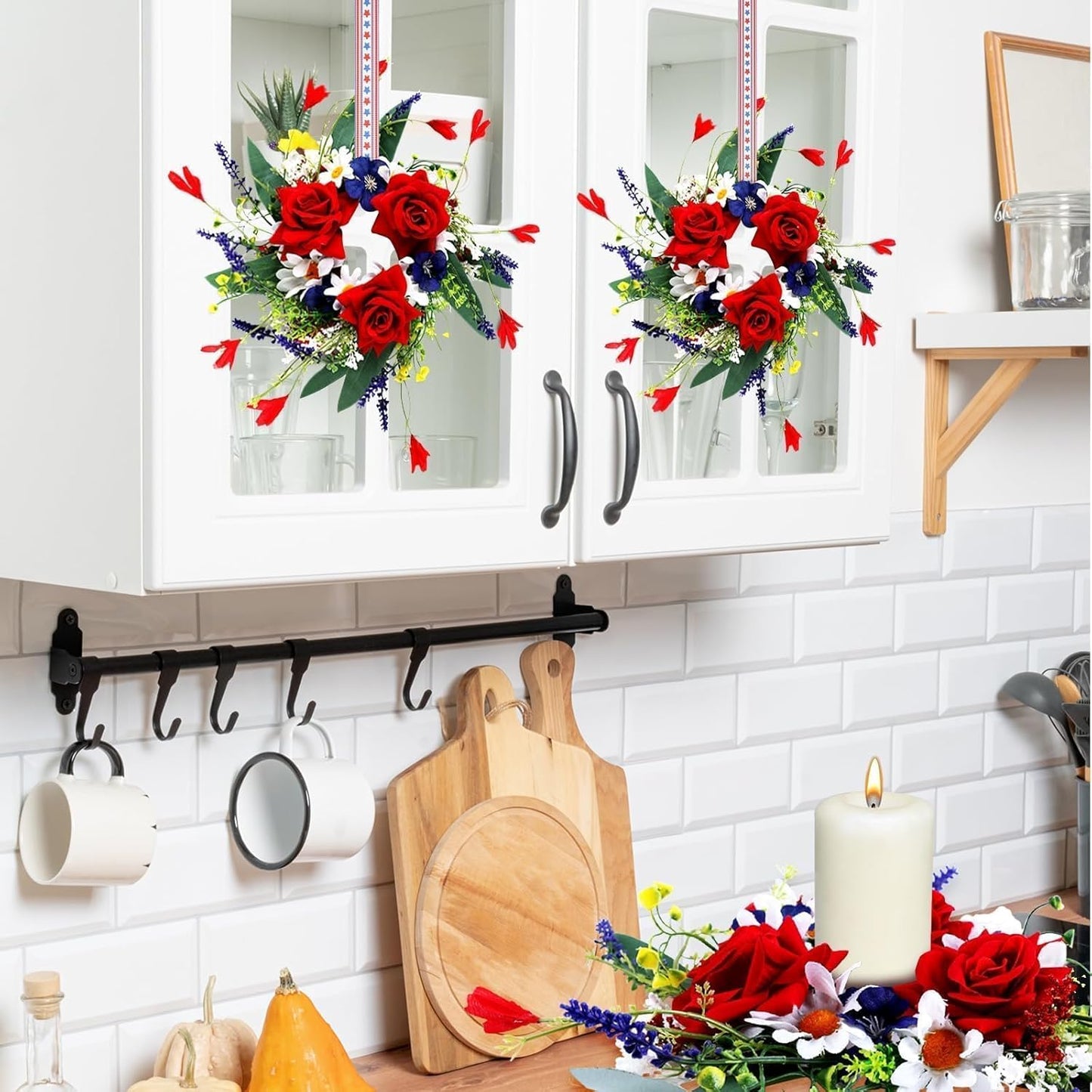 6 Pcs Green Boxwood Candle Rings Wreaths Mini Spring Summer Forsythia Wreath for Front Door Artificial Rings Wreaths with White Flowers for Pillar Porch Wall Window Farmhouse All Seasons Decor