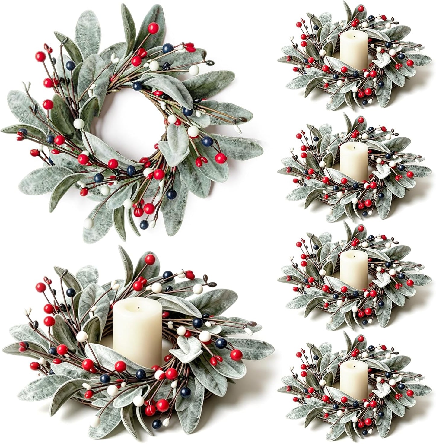 6 Pcs Green Boxwood Candle Rings Wreaths Mini Spring Summer Forsythia Wreath for Front Door Artificial Rings Wreaths with White Flowers for Pillar Porch Wall Window Farmhouse All Seasons Decor