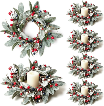 6 Pcs Green Boxwood Candle Rings Wreaths Mini Spring Summer Forsythia Wreath for Front Door Artificial Rings Wreaths with White Flowers for Pillar Porch Wall Window Farmhouse All Seasons Decor