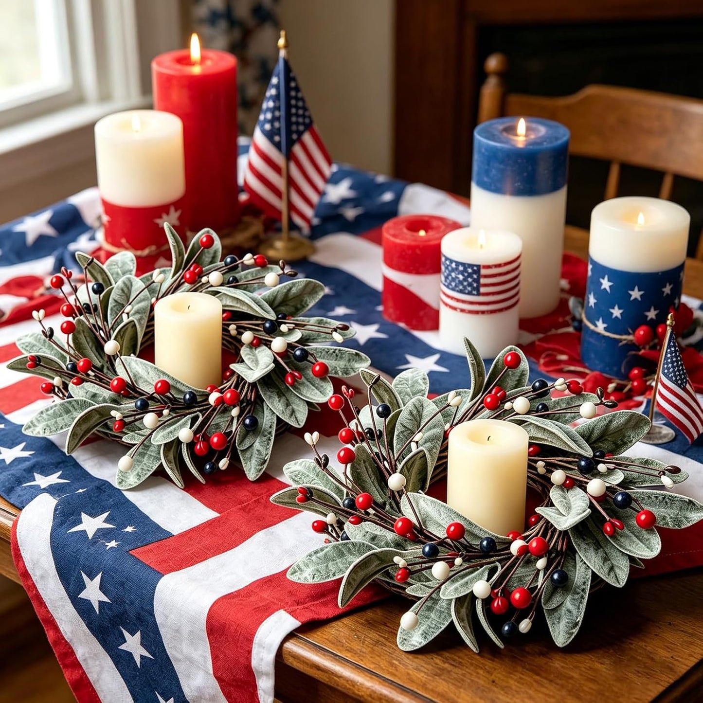 6 Pcs Green Boxwood Candle Rings Wreaths Mini Spring Summer Forsythia Wreath for Front Door Artificial Rings Wreaths with White Flowers for Pillar Porch Wall Window Farmhouse All Seasons Decor