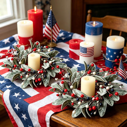 6 Pcs Green Boxwood Candle Rings Wreaths Mini Spring Summer Forsythia Wreath for Front Door Artificial Rings Wreaths with White Flowers for Pillar Porch Wall Window Farmhouse All Seasons Decor