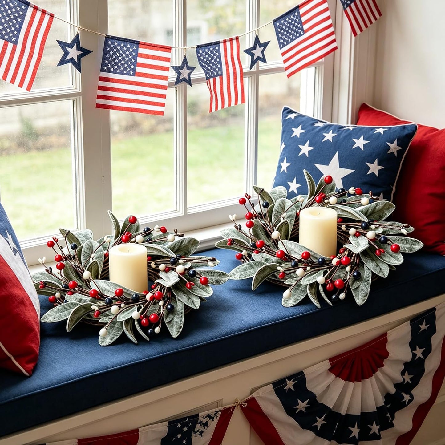 6 Pcs Green Boxwood Candle Rings Wreaths Mini Spring Summer Forsythia Wreath for Front Door Artificial Rings Wreaths with White Flowers for Pillar Porch Wall Window Farmhouse All Seasons Decor