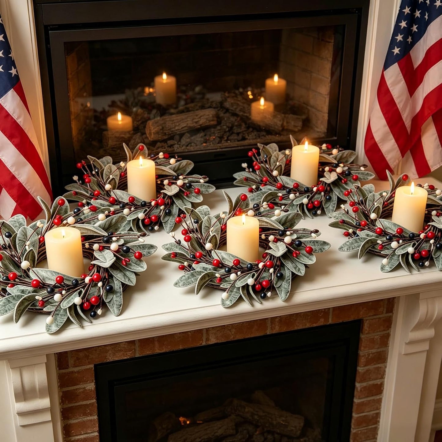 6 Pcs Green Boxwood Candle Rings Wreaths Mini Spring Summer Forsythia Wreath for Front Door Artificial Rings Wreaths with White Flowers for Pillar Porch Wall Window Farmhouse All Seasons Decor