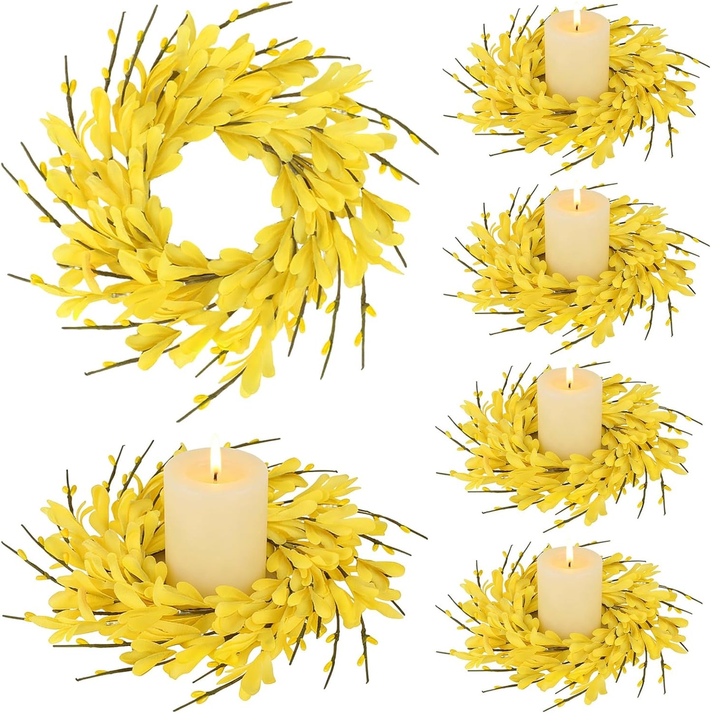 6 Pcs Green Boxwood Candle Rings Wreaths Mini Spring Summer Forsythia Wreath for Front Door Artificial Rings Wreaths with White Flowers for Pillar Porch Wall Window Farmhouse All Seasons Decor