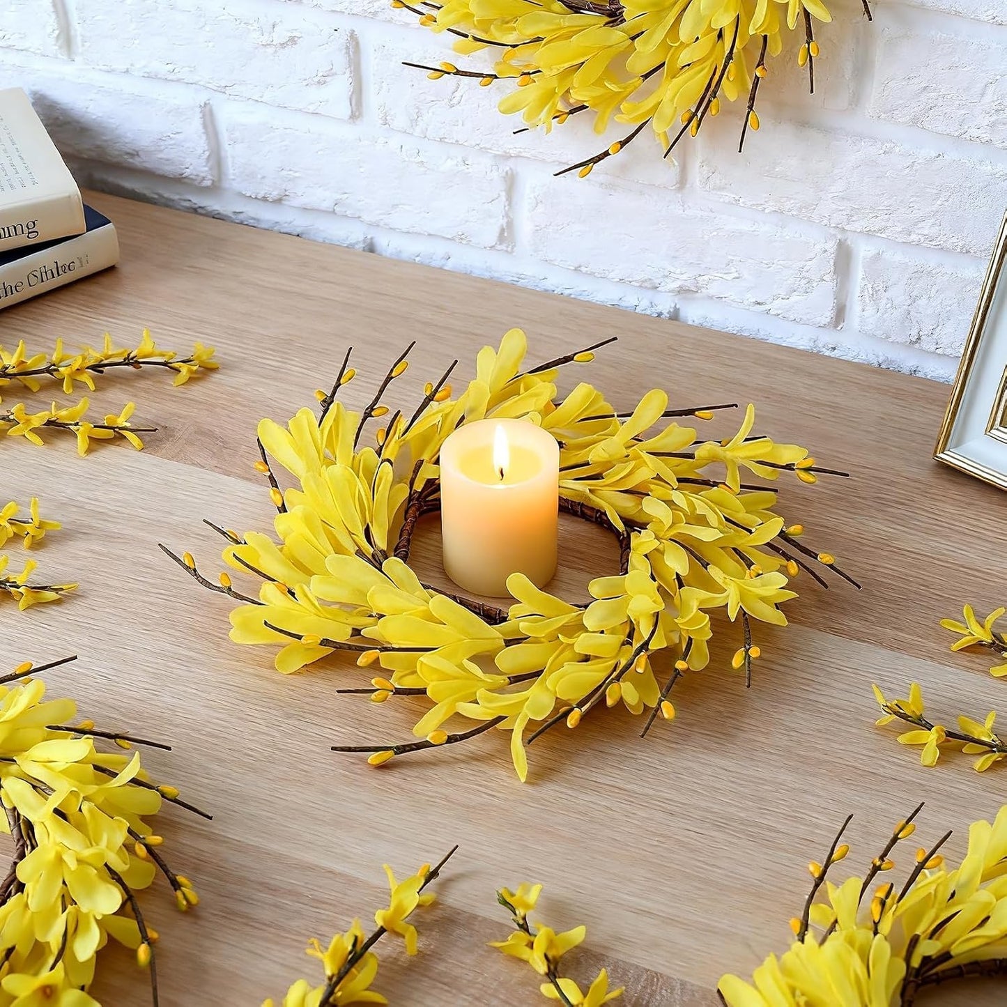 6 Pcs Green Boxwood Candle Rings Wreaths Mini Spring Summer Forsythia Wreath for Front Door Artificial Rings Wreaths with White Flowers for Pillar Porch Wall Window Farmhouse All Seasons Decor