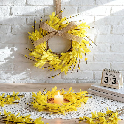 6 Pcs Green Boxwood Candle Rings Wreaths Mini Spring Summer Forsythia Wreath for Front Door Artificial Rings Wreaths with White Flowers for Pillar Porch Wall Window Farmhouse All Seasons Decor