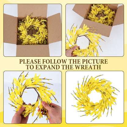 6 Pcs Green Boxwood Candle Rings Wreaths Mini Spring Summer Forsythia Wreath for Front Door Artificial Rings Wreaths with White Flowers for Pillar Porch Wall Window Farmhouse All Seasons Decor