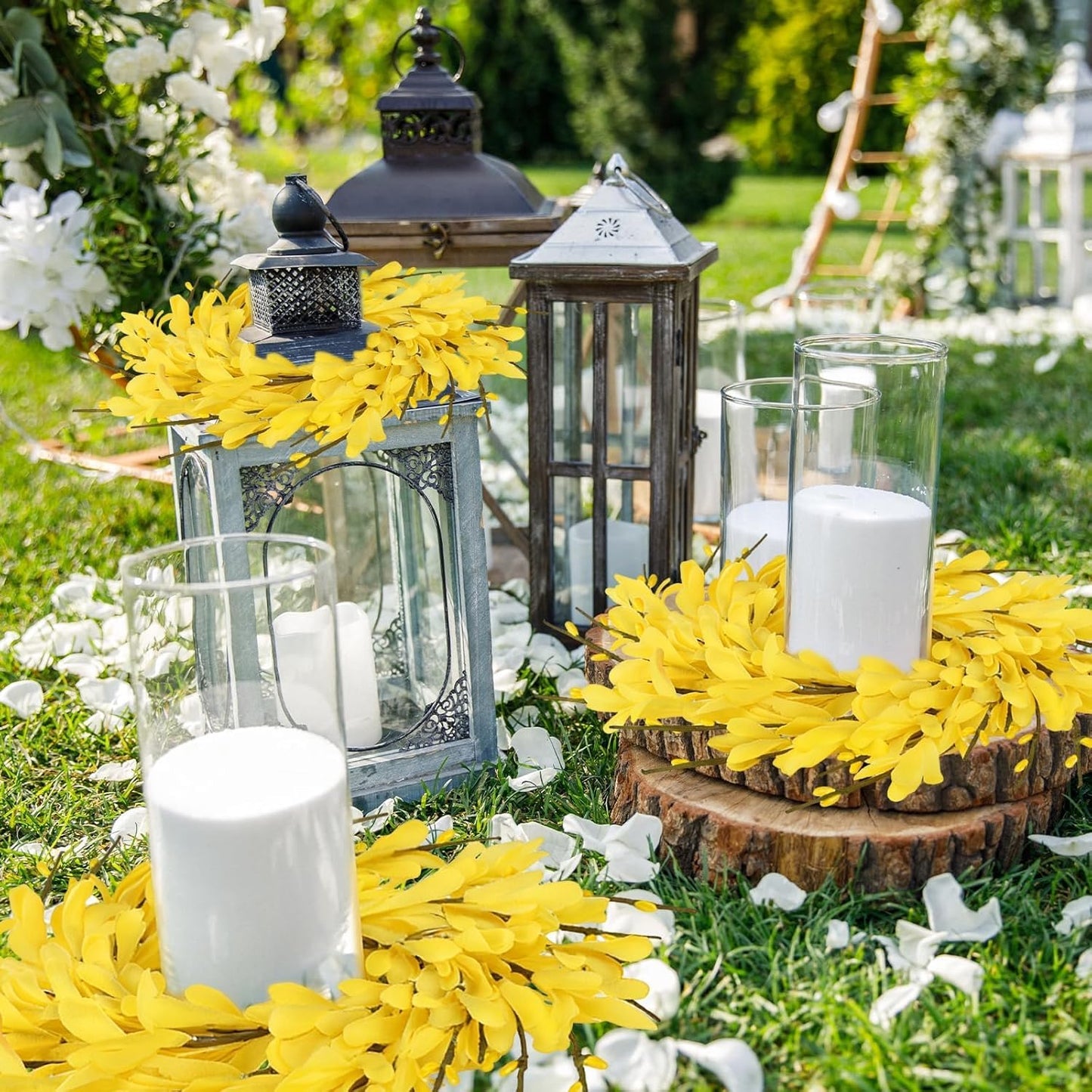 6 Pcs Green Boxwood Candle Rings Wreaths Mini Spring Summer Forsythia Wreath for Front Door Artificial Rings Wreaths with White Flowers for Pillar Porch Wall Window Farmhouse All Seasons Decor