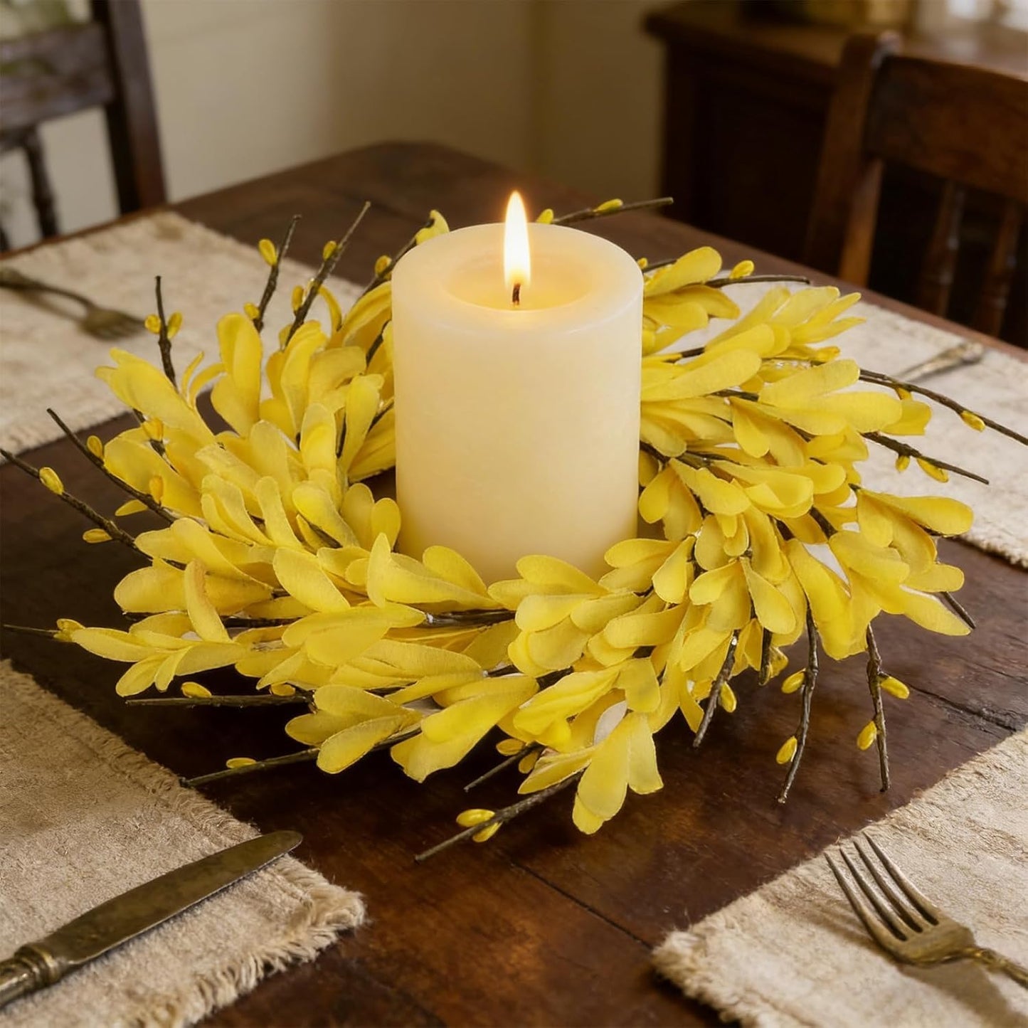 6 Pcs Green Boxwood Candle Rings Wreaths Mini Spring Summer Forsythia Wreath for Front Door Artificial Rings Wreaths with White Flowers for Pillar Porch Wall Window Farmhouse All Seasons Decor