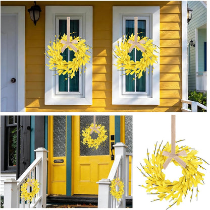 6 Pcs Green Boxwood Candle Rings Wreaths Mini Spring Summer Forsythia Wreath for Front Door Artificial Rings Wreaths with White Flowers for Pillar Porch Wall Window Farmhouse All Seasons Decor