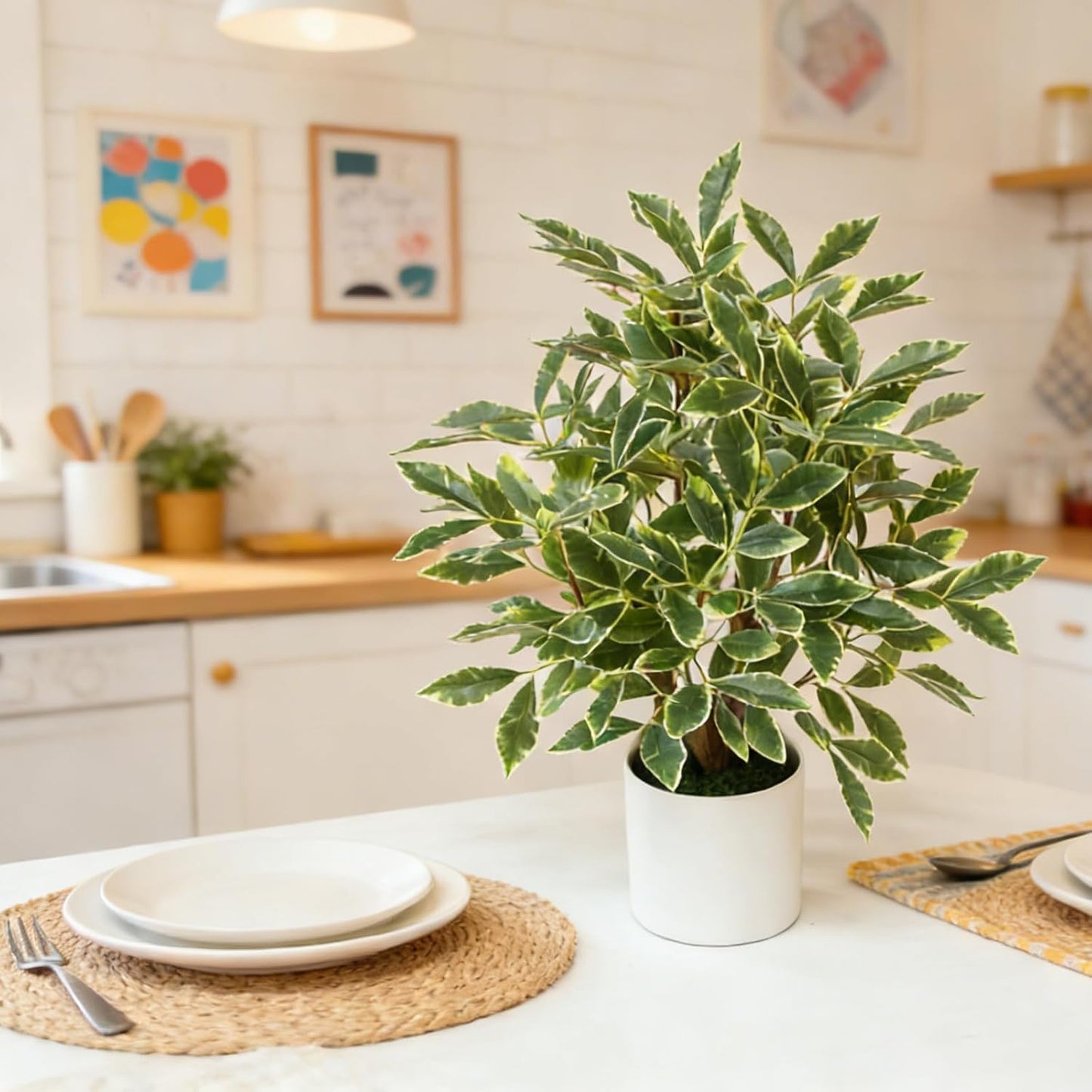 Artificial Potted Plant, 18“ Indoor Fake Lemon Tree Greenery with White Pot Faux Green Plants Lemon Citrus Branches Stems for Kitchen Office Living Room Table Desk Home Decor