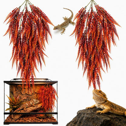 2PCS Reptile Plants for Terrarium - 33.5in Artificial Boston Fern Fake Vines, Fake Terrarium Plant for Leopard Gecko Lizard Snake Chameleon Bearded Dragon Tank Accessories(Red)