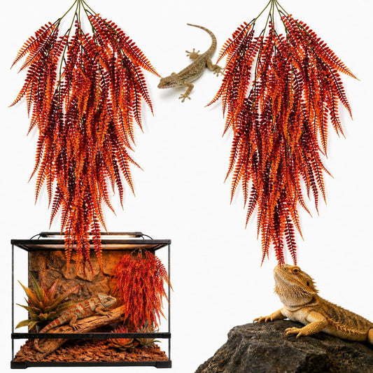2PCS Reptile Plants for Terrarium - 33.5in Artificial Boston Fern Fake Vines, Fake Terrarium Plant for Leopard Gecko Lizard Snake Chameleon Bearded Dragon Tank Accessories(Red)