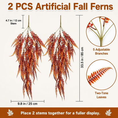 2PCS Reptile Plants for Terrarium - 33.5in Artificial Boston Fern Fake Vines, Fake Terrarium Plant for Leopard Gecko Lizard Snake Chameleon Bearded Dragon Tank Accessories(Red)