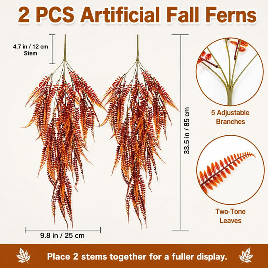 2PCS Reptile Plants for Terrarium - 33.5in Artificial Boston Fern Fake Vines, Fake Terrarium Plant for Leopard Gecko Lizard Snake Chameleon Bearded Dragon Tank Accessories(Red)