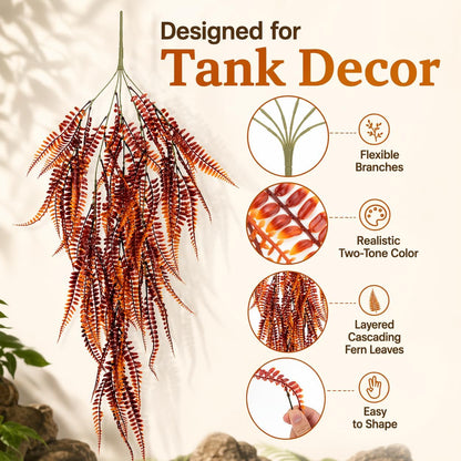 2PCS Reptile Plants for Terrarium - 33.5in Artificial Boston Fern Fake Vines, Fake Terrarium Plant for Leopard Gecko Lizard Snake Chameleon Bearded Dragon Tank Accessories(Red)