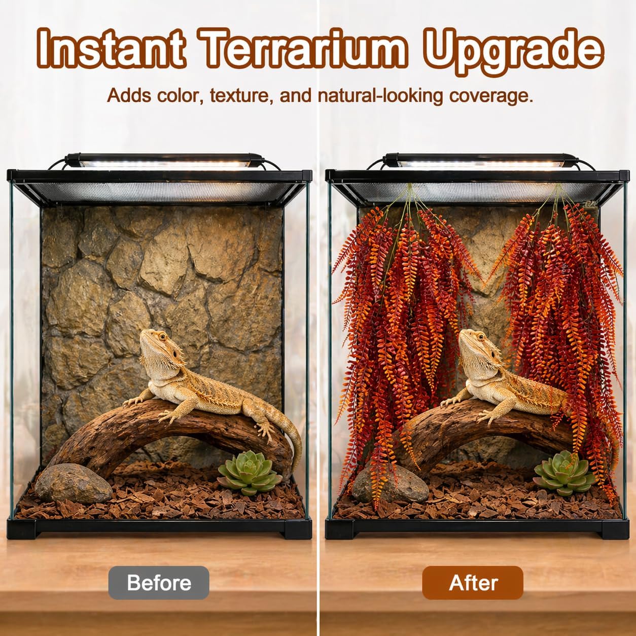 2PCS Reptile Plants for Terrarium - 33.5in Artificial Boston Fern Fake Vines, Fake Terrarium Plant for Leopard Gecko Lizard Snake Chameleon Bearded Dragon Tank Accessories(Red)