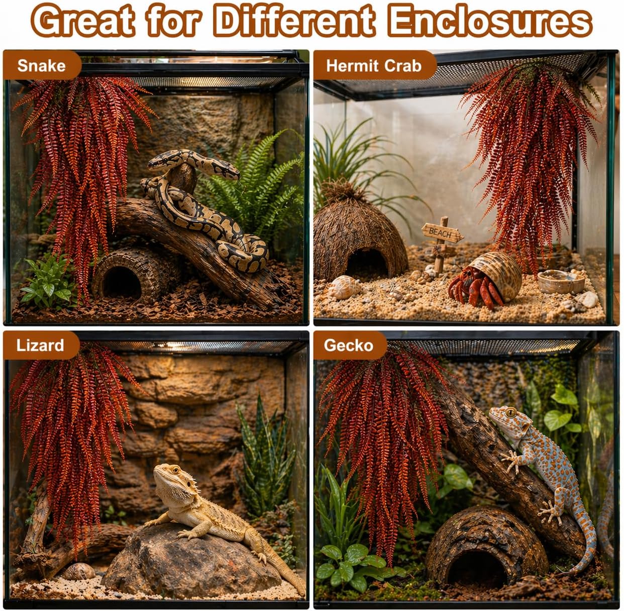2PCS Reptile Plants for Terrarium - 33.5in Artificial Boston Fern Fake Vines, Fake Terrarium Plant for Leopard Gecko Lizard Snake Chameleon Bearded Dragon Tank Accessories(Red)