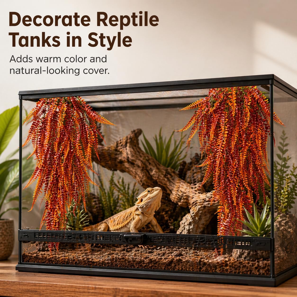 2PCS Reptile Plants for Terrarium - 33.5in Artificial Boston Fern Fake Vines, Fake Terrarium Plant for Leopard Gecko Lizard Snake Chameleon Bearded Dragon Tank Accessories(Red)