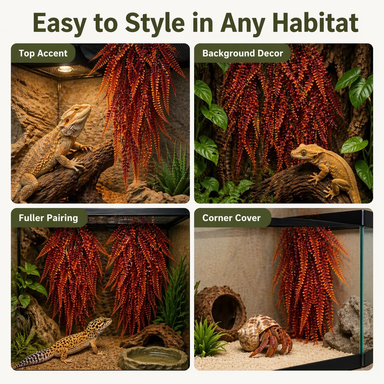 2PCS Reptile Plants for Terrarium - 33.5in Artificial Boston Fern Fake Vines, Fake Terrarium Plant for Leopard Gecko Lizard Snake Chameleon Bearded Dragon Tank Accessories(Red)