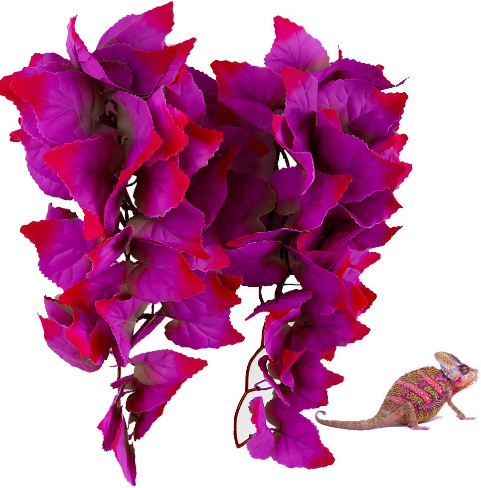 2 Pack Realistic Silk Hanging Plants for Reptile Terrarium, Non-Toxic Artificial Pink Decor, Safe Habitat for Bearded Dragons, Lizards, Geckos, Snakes & Amphibians