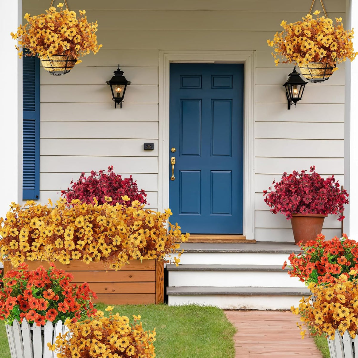 12Pcs Artificial Fall Mum Flower Plant Outdoors Faux Plastic Shrub