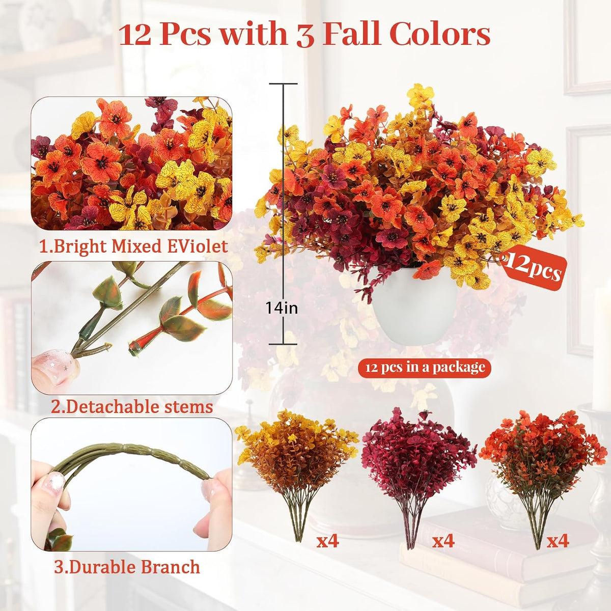 12Pcs Artificial Fall Mum Flower Plant Outdoors Faux Plastic Shrub