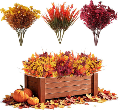 12Pcs Artificial Fall Mum Flower Plant Outdoors Faux Plastic Shrub