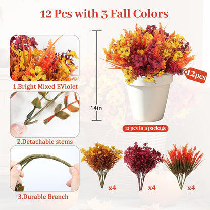12Pcs Artificial Fall Mum Flower Plant Outdoors Faux Plastic Shrub
