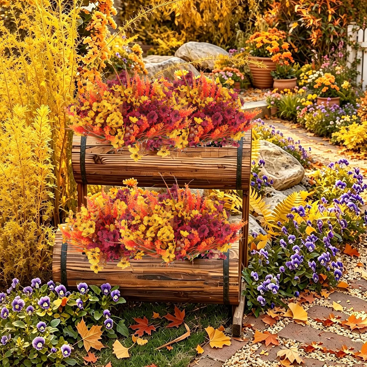 12Pcs Artificial Fall Mum Flower Plant Outdoors Faux Plastic Shrub