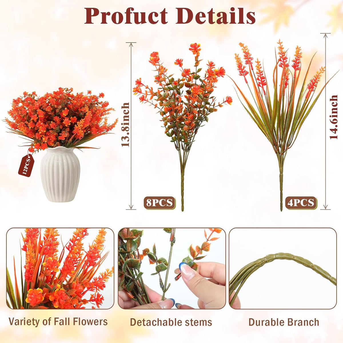 12Pcs Artificial Fall Mum Flower Plant Outdoors Faux Plastic Shrub