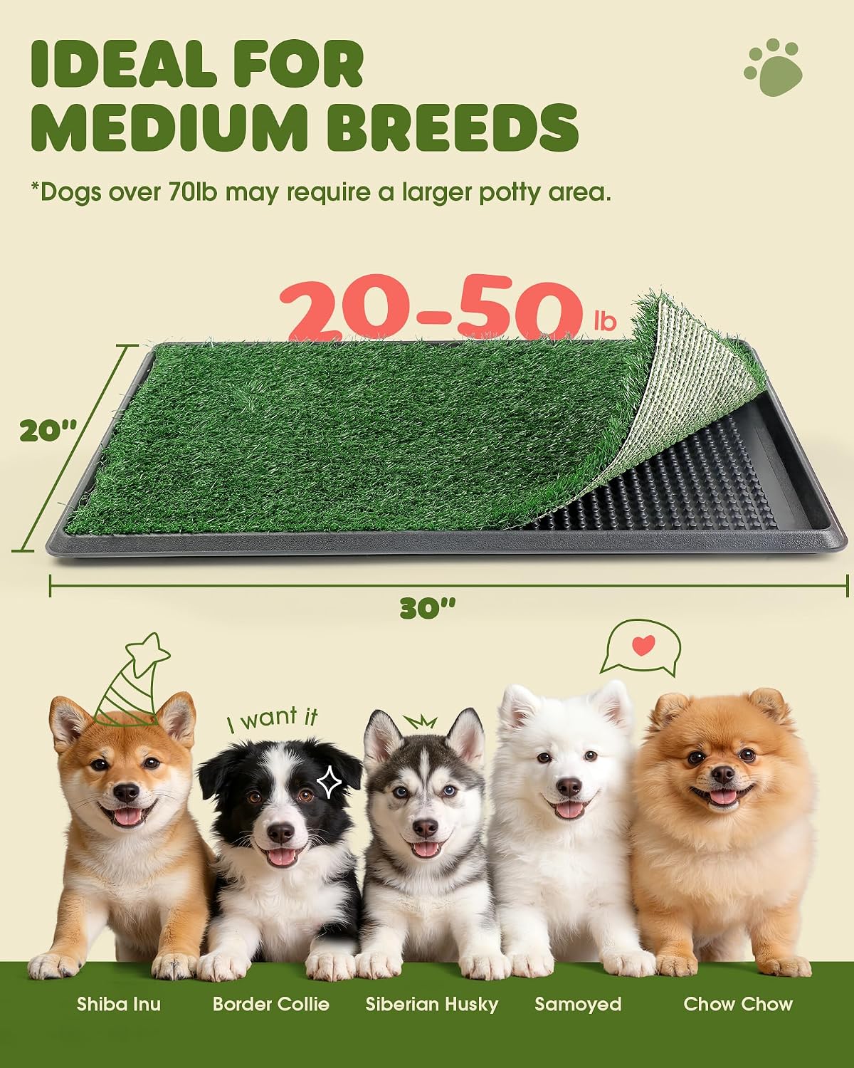Grass Pad for Dogs Potty, 3-Layer Reusable, Washable, 30 x 20 in