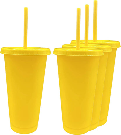 24oz Reusable Bold Color Plastic Cold Cup Tumbler with Straw and Lid 4 Pack (YELLOW)