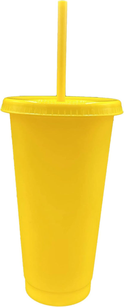 24oz Reusable Bold Color Plastic Cold Cup Tumbler with Straw and Lid 4 Pack (YELLOW)