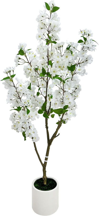 4FT Artificial Crabapple Blossom Tree with Planter - Realistic Faux Flowering Tree for Home Office Decor, White Blooms, Low Maintenance Indoor/Outdoor Plant (1, 4FT)