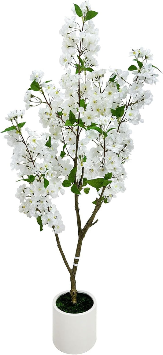 4FT Artificial Crabapple Blossom Tree with Planter - Realistic Faux Flowering Tree for Home Office Decor, White Blooms, Low Maintenance Indoor/Outdoor Plant (1, 4FT)