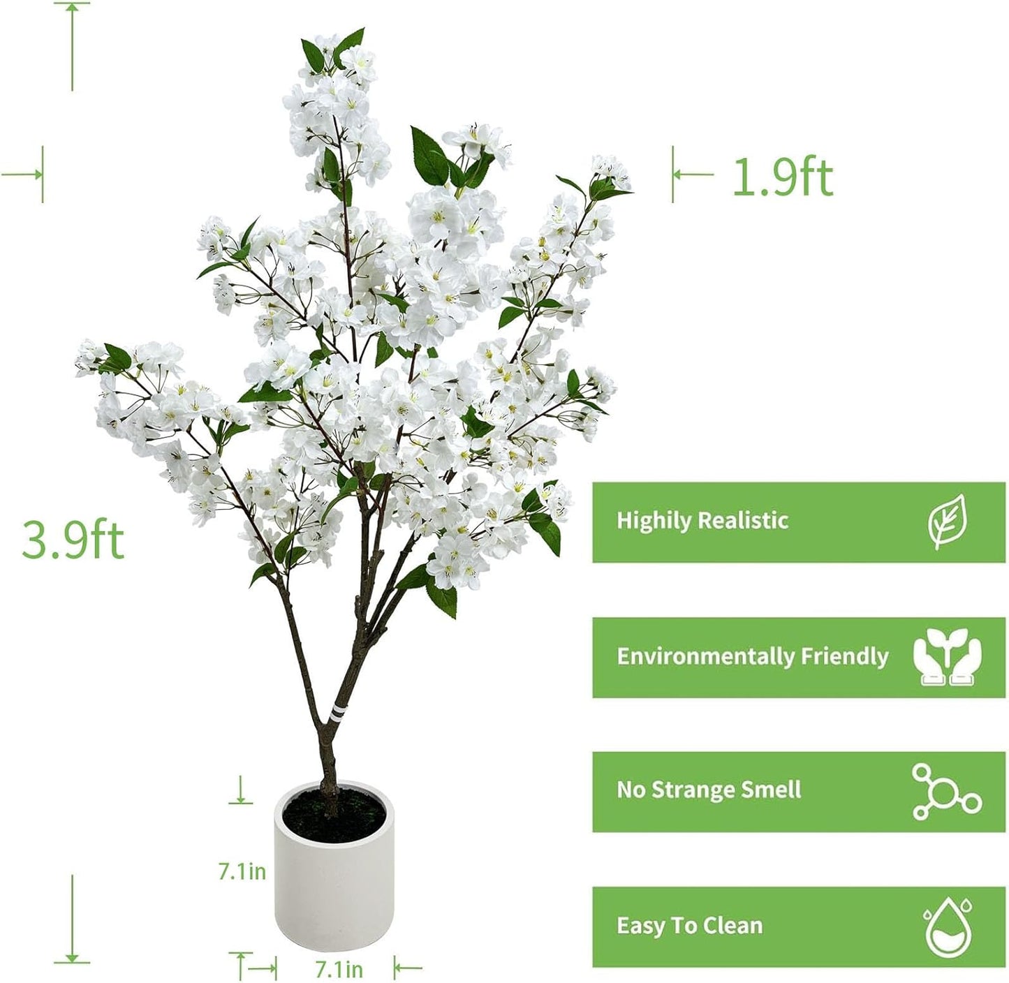 4FT Artificial Crabapple Blossom Tree with Planter - Realistic Faux Flowering Tree for Home Office Decor, White Blooms, Low Maintenance Indoor/Outdoor Plant (1, 4FT)