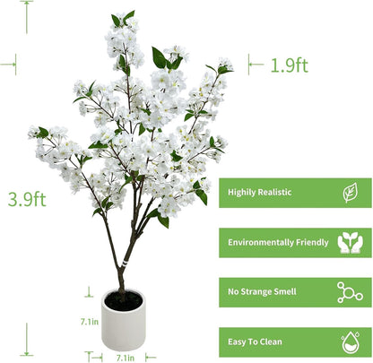 4FT Artificial Crabapple Blossom Tree with Planter - Realistic Faux Flowering Tree for Home Office Decor, White Blooms, Low Maintenance Indoor/Outdoor Plant (1, 4FT)