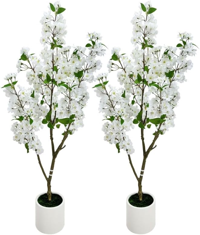 4FT Artificial Crabapple Blossom Tree with Planter - Realistic Faux Flowering Tree for Home Office Decor, White Blooms, Low Maintenance Indoor/Outdoor Plant (1, 4FT)