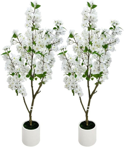 4FT Artificial Crabapple Blossom Tree with Planter - Realistic Faux Flowering Tree for Home Office Decor, White Blooms, Low Maintenance Indoor/Outdoor Plant (1, 4FT)