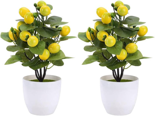 2Pcs Artificial Lemon Tree Potted Plant Decor Realistic Lemon Trees Fake Bonsai Adornments for Home Office Decoration, Kitchen Fake Plant