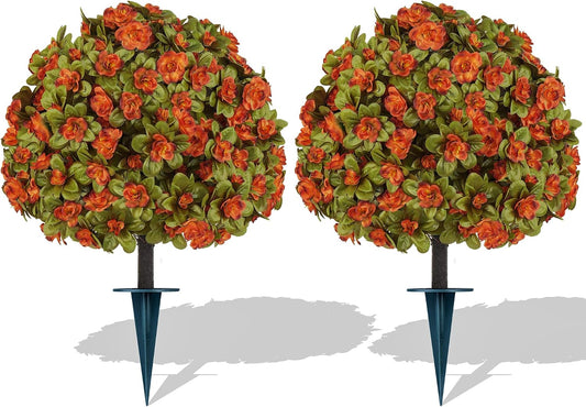 Grooy Fall 2 Pack 24 Inches Artificial Trees with Ground Spikes | Fake Camellia Bushes , Autumn Orange Flowers, UV-Resistant, PE Material, Garden Office Front Door Decor, Zero Maintenance