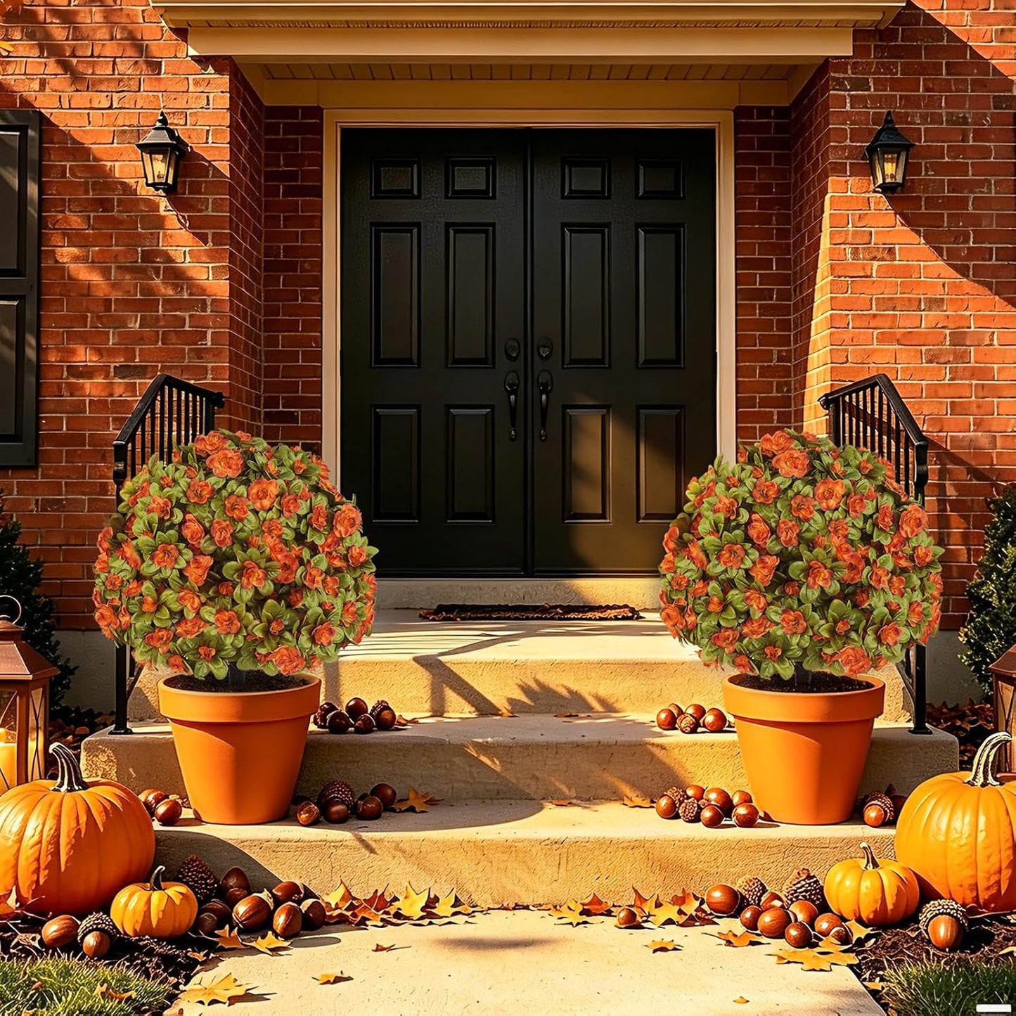 Grooy Fall 2 Pack 24 Inches Artificial Trees with Ground Spikes | Fake Camellia Bushes , Autumn Orange Flowers, UV-Resistant, PE Material, Garden Office Front Door Decor, Zero Maintenance