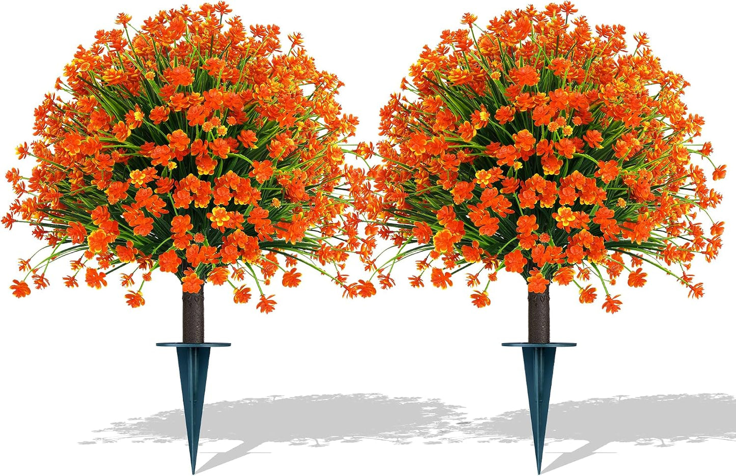 Grooy Fall 2 Pack 24 Inches Artificial Trees with Ground Spikes | Fake Camellia Bushes , Autumn Orange Flowers, UV-Resistant, PE Material, Garden Office Front Door Decor, Zero Maintenance