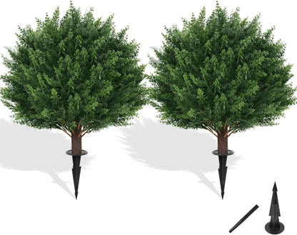 Grooy Fall 2 Pack 24 Inches Artificial Trees with Ground Spikes | Fake Camellia Bushes , Autumn Orange Flowers, UV-Resistant, PE Material, Garden Office Front Door Decor, Zero Maintenance