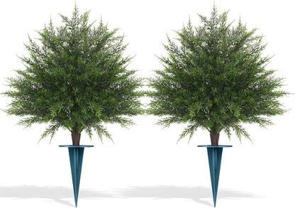Grooy Fall 2 Pack 24 Inches Artificial Trees with Ground Spikes | Fake Camellia Bushes , Autumn Orange Flowers, UV-Resistant, PE Material, Garden Office Front Door Decor, Zero Maintenance