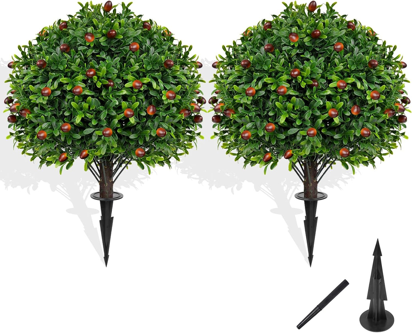 Grooy Fall 2 Pack 24 Inches Artificial Trees with Ground Spikes | Fake Camellia Bushes , Autumn Orange Flowers, UV-Resistant, PE Material, Garden Office Front Door Decor, Zero Maintenance