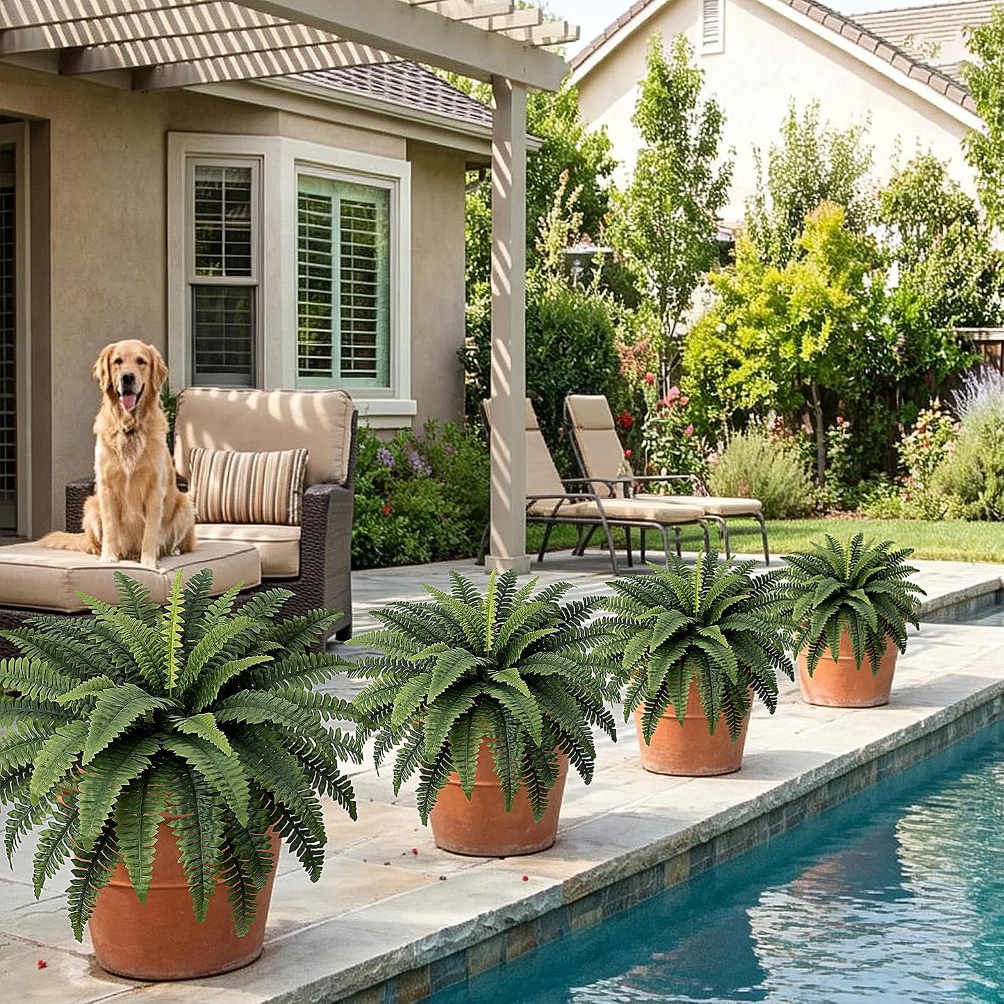Fake Ferns - Set of 2 Faux Boston Ferns Large Artificial Plants, 40 Leaves per Bouquet, 35 Inches Large Artificial Ferns for Outdoors/Indoor Home, Office, Garden Decoration