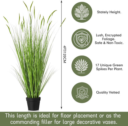 2 Pieces 4 ft Tall Artificial Grass Plants Fake Horsetail Reed Grass Plant with Green Spikes Potted Faux Greenery Floor Plants for Housewarming Gift House Garden Lobby Outdoor