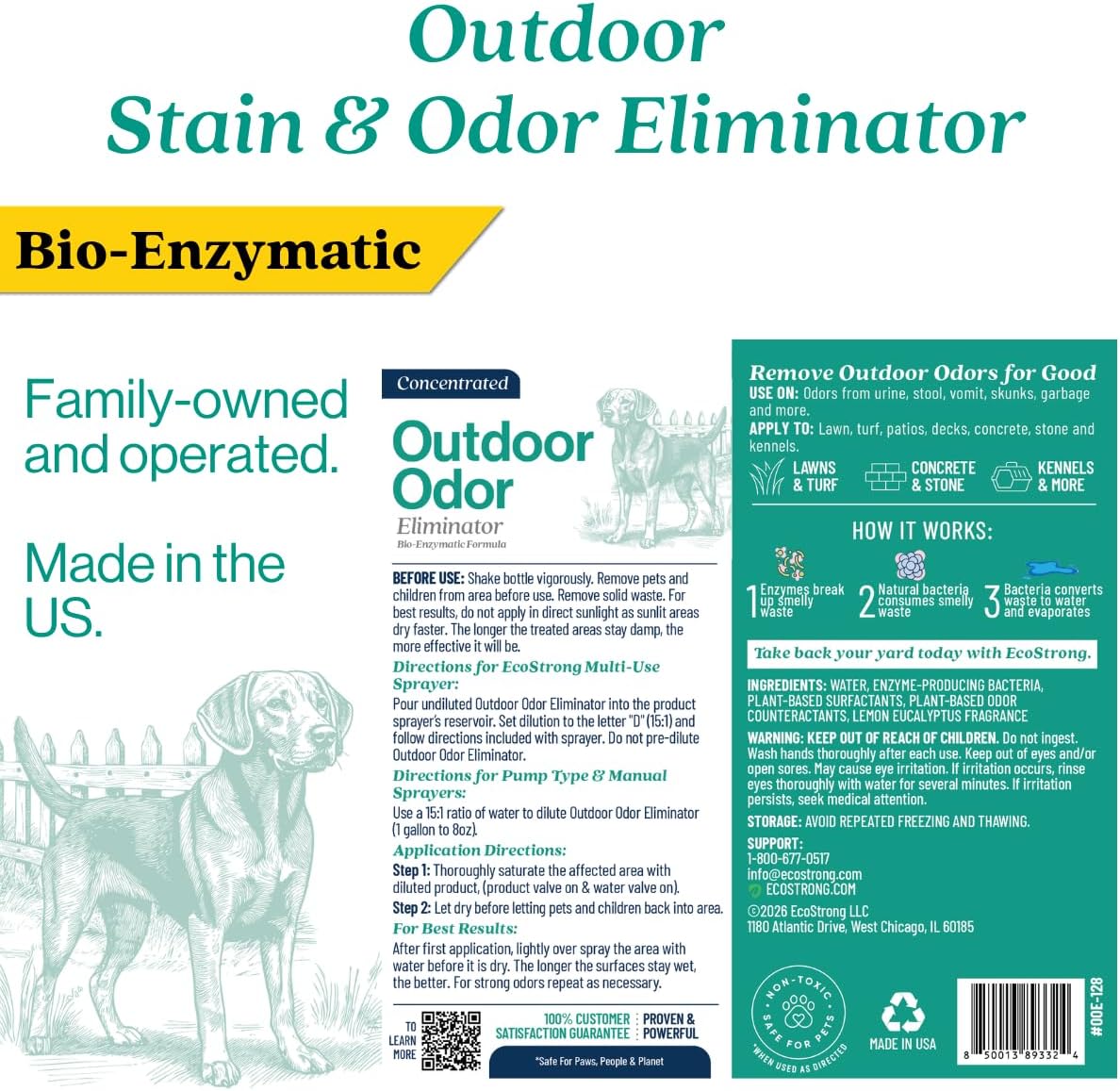 Outdoor Odor Eliminator | Outside Dog Urine Enzyme Cleaner – Powerful Pet, Cat, Animal Scent Deodorizer | Professional Strength for Yard, Turf, Kennels, Patios, Decks (Gallon with Sprayer)